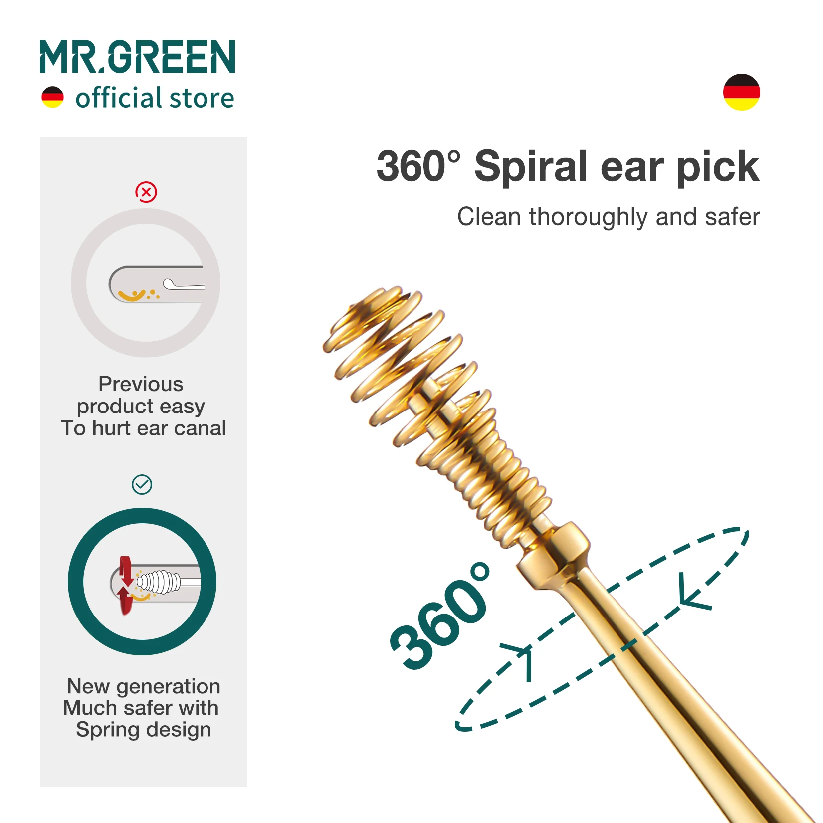 MR.GREEN Ear Wax Removal 360° Spiral Massage Ear Pick Ear Canal Cleaner Stainless Steel Flexible Design Ear Care Tools - Image 4