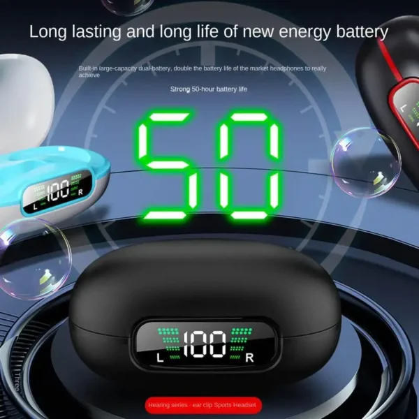 Headphones With Digital Display Wireless Ear Clip Bone Conduction Earbud & In-Ear 50H Playtime Open Ear 5.3 Blue Teeth - Image 2