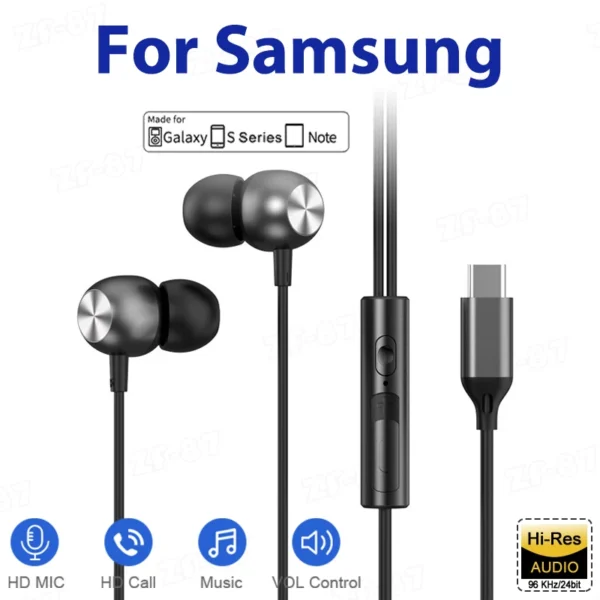 USB-C Wired Headphone 3.5mm 3 5 Jack Earbud HiFi in-Ear Headset For Samsung Galaxy S24 S23 S22 S21 Ultra A54 A53 Type C Earphone