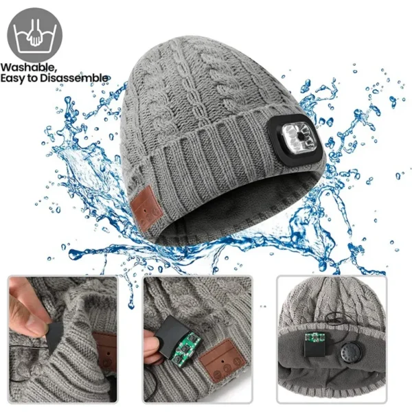 Winter Warm Bluetooth Headlamp Hat Headphones Beanie with LED Music Cap Built-in Speakers&Mic Earbuds for Running Hiking Sports - Image 4