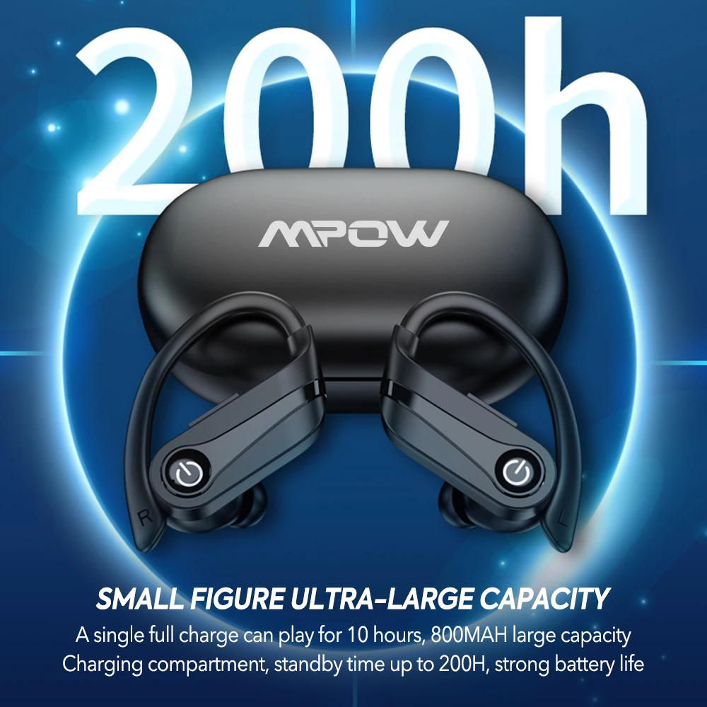 Mpow Q63 Bluetooth 5.3 Wireless Earbuds with Mic IPX7 Waterproof 200H Earphones with Hooks for Sports Running Workout Gym - Image 4