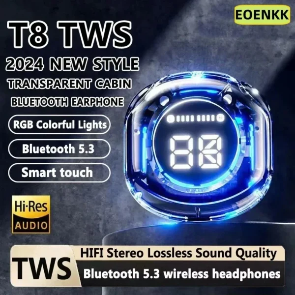 TWS T8 Earbuds Bluetooth 5.3 HI-FI Lossless Music Wireless Headphone in-Ear Earphone Sports ENC Noise Reduction Headset