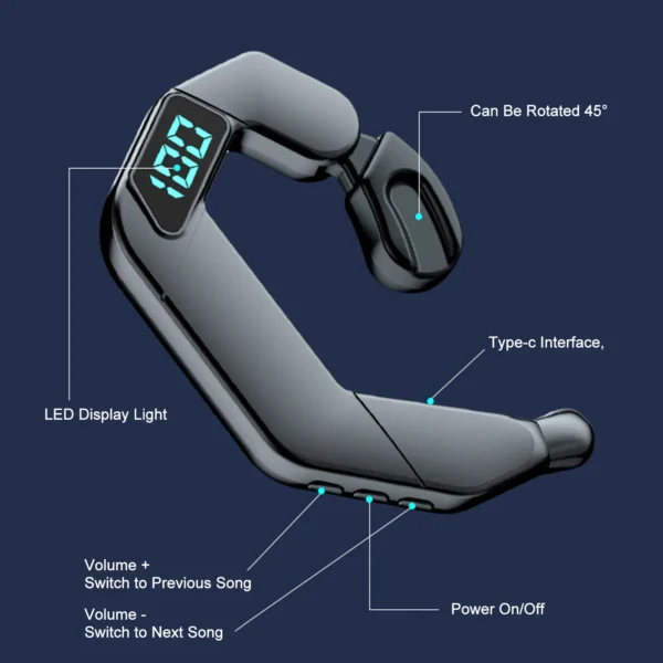 V19 Bone Conduction Headphones Open-Ear Earbuds With Earhooks Hook Waterproof Sports Headphones With LED Digital Display - Image 6