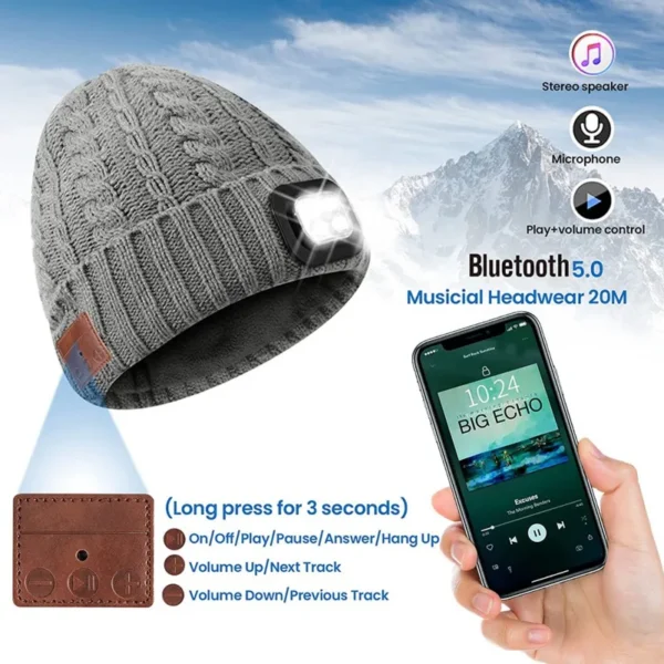 Winter Warm Bluetooth Headlamp Hat Headphones Beanie with LED Music Cap for Running Hiking Sports Built-in Speakers&Mic Earbuds - Image 4