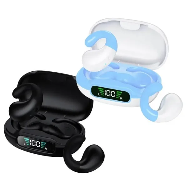Headphones With Digital Display Wireless Ear Clip Bone Conduction Earbud & In-Ear 50H Playtime Open Ear 5.3 Blue Teeth