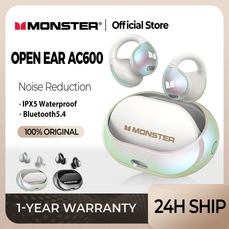 Monster AC600 Rotating Bluetooth Earphones Ear Clip Sports Wireless Headphones with Mic Waterproof Touch Control Earbuds