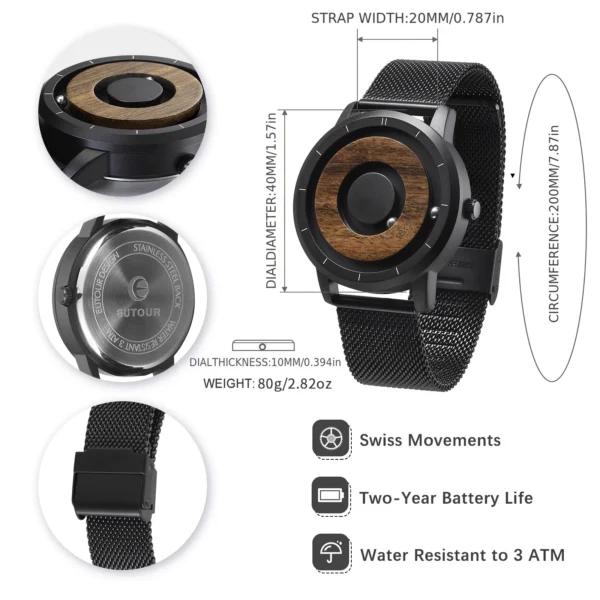 EUTOUR Original Magnetic Wooden Dial Fashion Casual Quartz Watch Simple Men's Watch Stainless Steel Leather Strap - Image 3