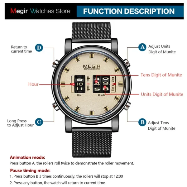 MEGIR 2020 New Luxury Watches Men Military Sport Roller Pointer Quartz Watch Man Fashion Stainless Steel Mesh Strap Wristwatch - Image 4