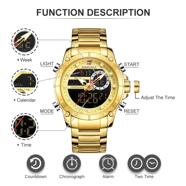 Luxury Brand NAVIFORCE Sport Watches For Men Fashion Gold Quartz WristWatch Steel Band Digital Chronograph Waterproof Clock 9163 - Image 4