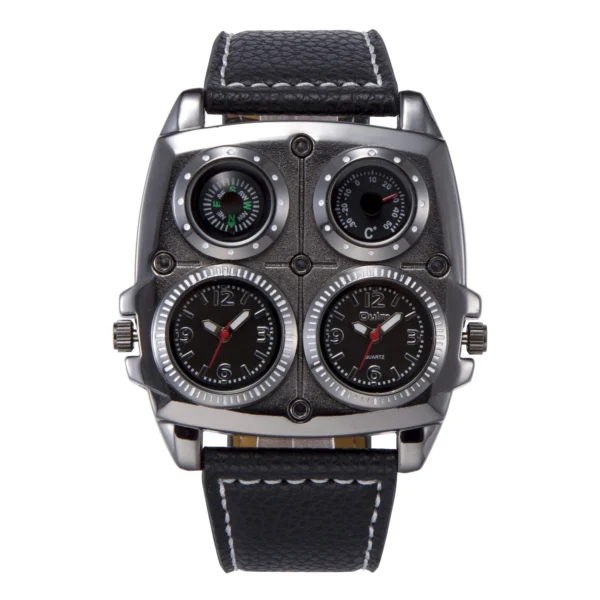 Oulm Men's Watches Two Time Zone Army Pilot Style Watch Big Size Military Quartz Clock Male Leather Strap Wristwatch - Image 4