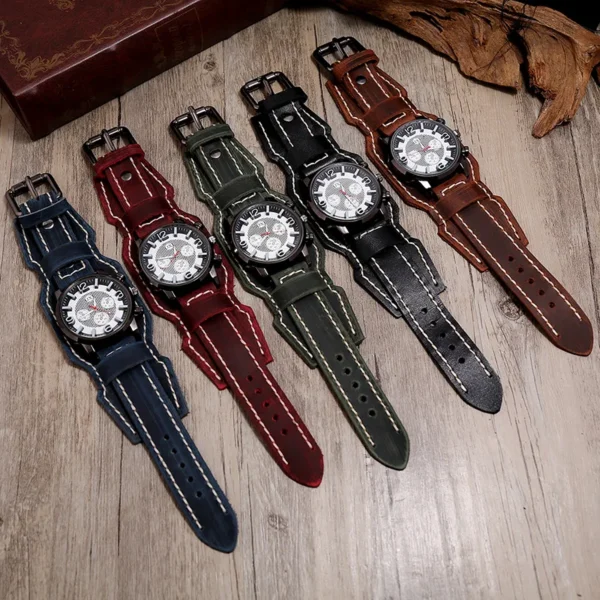 New Retro Mens Watches Genuine Leather Wide Watchband Wristwatch Fashion Punk Style Quartz Watch For Men 2023 Cowhide Bangles - Image 4