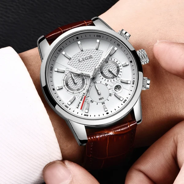 2023 New Mens Watches LIGE Top Brand Leather Chronograph Waterproof Sport Automatic Date Quartz Watch For Men Relogio Masculino - Image 5