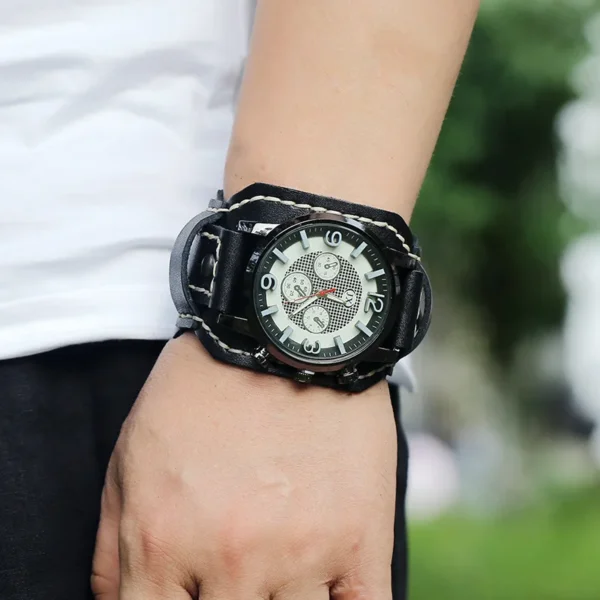 New Retro Mens Watches Genuine Leather Wide Watchband Wristwatch Fashion Punk Style Quartz Watch For Men 2023 Cowhide Bangles - Image 6