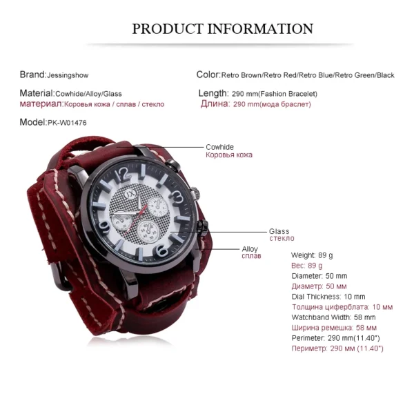 New Retro Mens Watches Genuine Leather Wide Watchband Wristwatch Fashion Punk Style Quartz Watch For Men 2023 Cowhide Bangles - Image 2