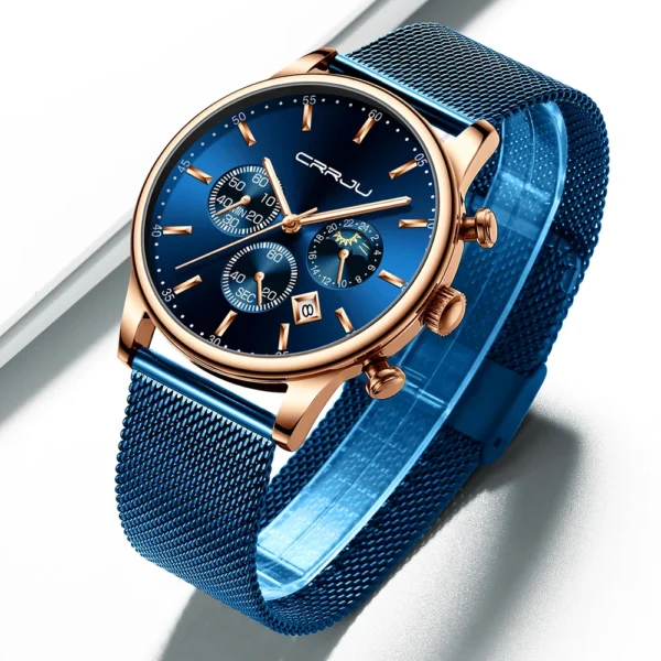 Relogio Masculino CRRJU Luxury Quartz Watch for Men Blue Dial Watches Sport Watches Chronograph Clock Mesh Belt Wrist Watch - Image 4