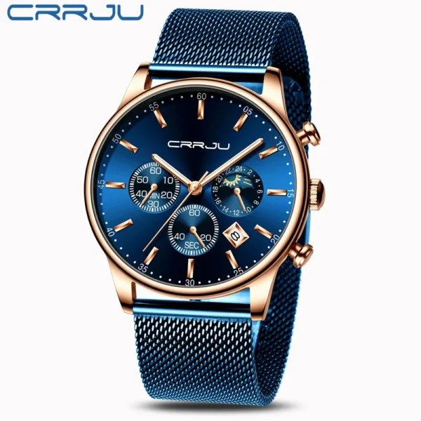 Relogio Masculino CRRJU Luxury Quartz Watch for Men Blue Dial Watches Sport Watches Chronograph Clock Mesh Belt Wrist Watch - Image 2
