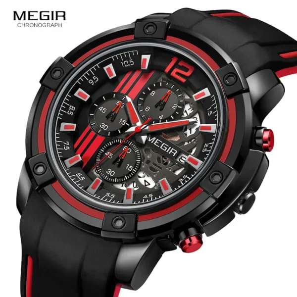 Megir Men's Sports Quartz Watches Army Military Chronograph Wristwatch for Man Luminous Relogios Masculino Clock 2097 Black Red