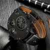 Oulm New Fashion Casual Sport Men's Watches Black Leather Dual Time Zone Wristwatch Male Quartz Big Size Luxury Military Watch - Image 6