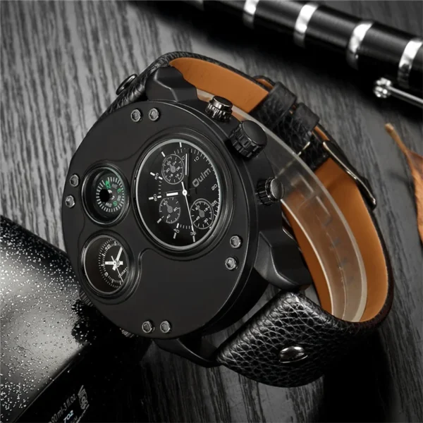 Oulm New Fashion Casual Sport Men's Watches Black Leather Dual Time Zone Wristwatch Male Quartz Big Size Luxury Military Watch - Image 6