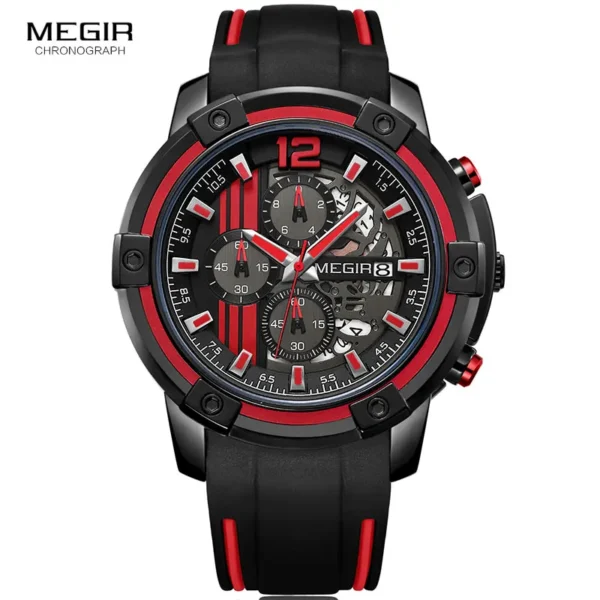 Megir Men's Sports Quartz Watches Army Military Chronograph Wristwatch for Man Luminous Relogios Masculino Clock 2097 Black Red - Image 2