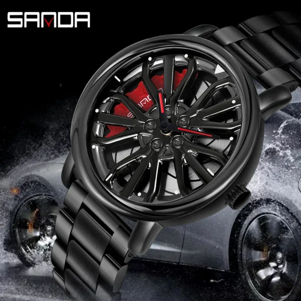 Men Fashion Hot Sell Car Rim Wristwatch 360 Degree Rotating Wheel Rim Dial Watches Stainless Steel Waterproof Sport Quartz Clock - Image 2