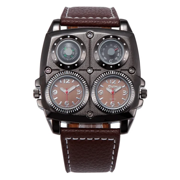 Oulm Men's Watches Two Time Zone Army Pilot Style Watch Big Size Military Quartz Clock Male Leather Strap Wristwatch - Image 5