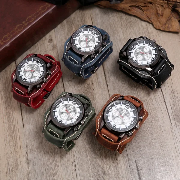 New Retro Mens Watches Genuine Leather Wide Watchband Wristwatch Fashion Punk Style Quartz Watch For Men 2023 Cowhide Bangles - Image 3