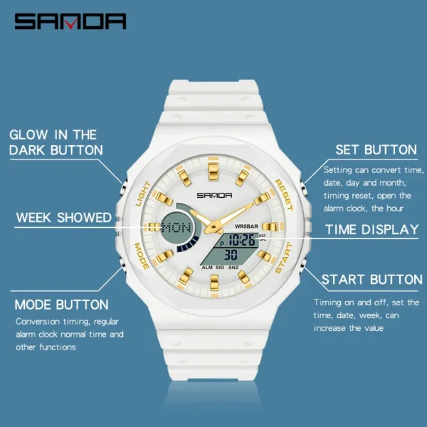 SANDA Fashion Men's Sport Watches Outdoor 50M Waterproof Wristwatch LED Digital Stopwatch Clock Military Watches Men - Image 4