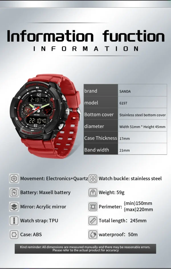 SANDA Top 6197 Korean Student Electronic Watch Sports Multi functional Alarm Clock Waterproof Men's Watches 2024 - Image 5