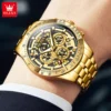 OLEVS Lxuxry Brand Gold Men's Watches Full Skeleton Stainless steel Chronograph Wristwatch Waterproof Luminous Quartz Watch Men - Image 2