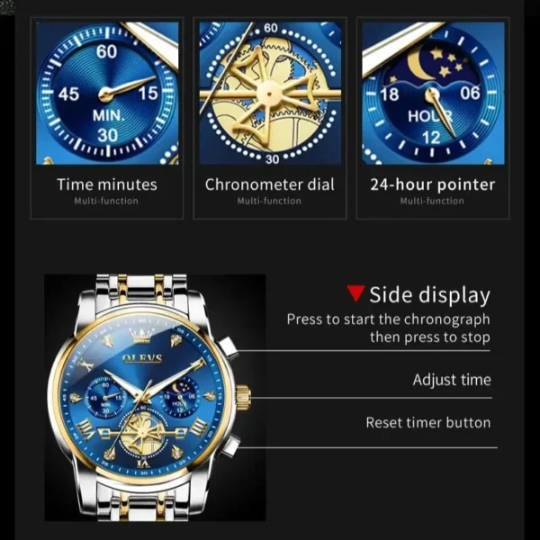 OLEVS 2856 Quartz Watch for Men Flywheel Skeleton Chronograph Moon Phase Multifunctional Stainless steel Men's Wristwatches - Image 5
