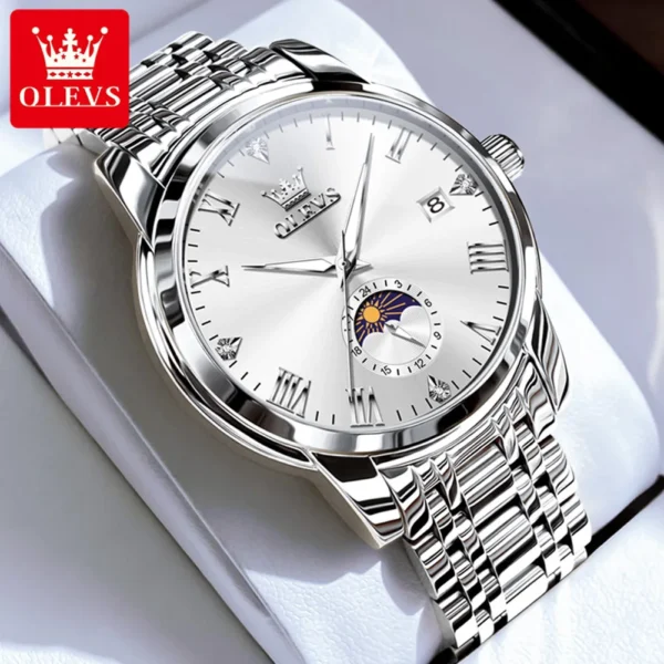 OLEVS Top Brand Men's Watches Fashion Original Quartz Watch for Man Waterproof Stainless Steel Luminous Wristwatch Moon Phase - Image 2
