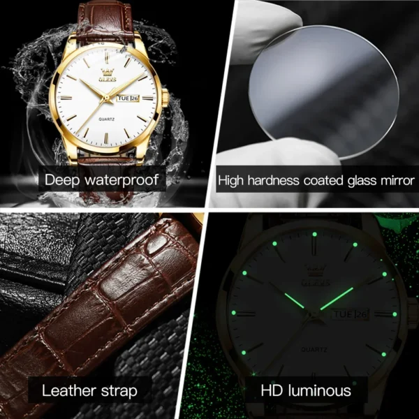 OLEVS 6898 Business High Quality Men Wristwatches, Waterproof Quartz Genuine Leather Strap Watches For Men Calendar Week Display - Image 2