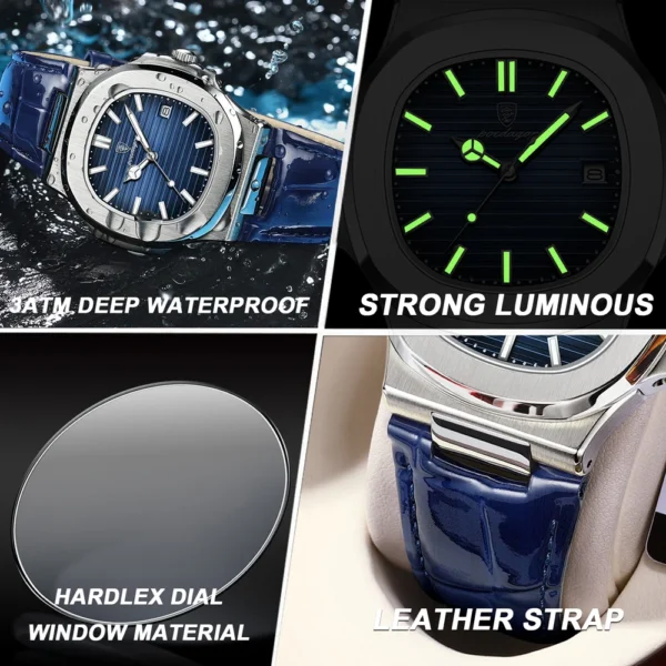 POEDAGAR Sports Square Quartz Watch for Men High Quality Leather Strap Waterproof Luminous Date Mens Watches Top Brand Luxury - Image 5