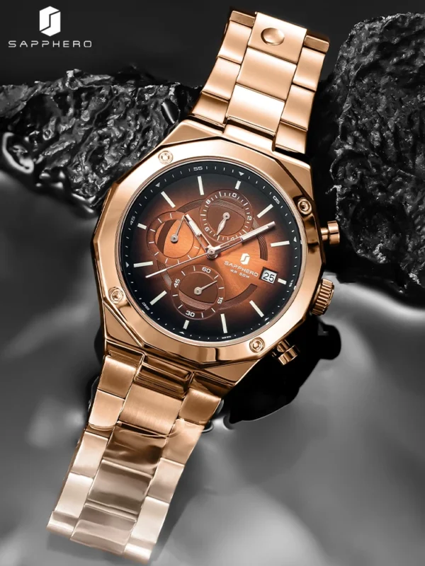 SAPPHERO Rose gold Watch Mens Watch Luxury Stainless Steel Quartz Watch Business Waterproof Luminous Calendar Wristwatch - Image 4