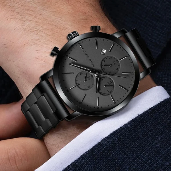 Hannah Martin Watches For Men Calendar Six-Hand Chronograph Multi-function Men's Watch Black Waterproof Steel Strap Quartz Clock - Image 5