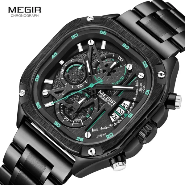 MEGIR Black Quartz Watch Men Waterproof Square Dial Wristwatch with Chronograph Stainless Steel Strap Luminous Hands Auto Date - Image 4