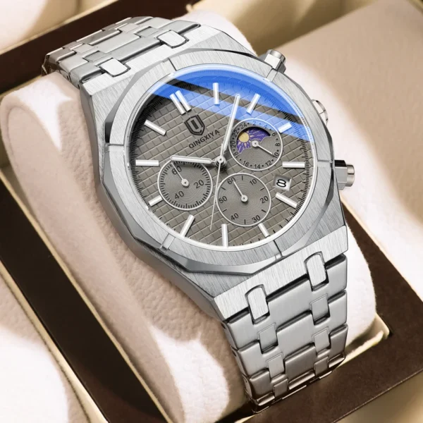 QINGXIYA 2024 New Fashion Chronograph Quartz Watch Men Stainless Steel Waterproof Luminous Date Luxury Moon Phase Watches Mens - Image 4