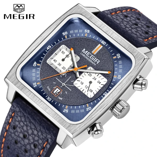 MEGIR Fashion Blue Leather Watch Men Top Brand Luxury Square Dial Chronograph Military Quartz Watches for Man with Date 24-hour