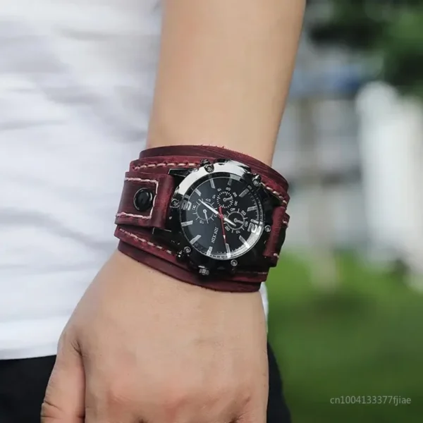 Retro Mens Quartz Watch Round Dial Precise Adjustable Cool Birthday Gift Universal Handmade Sewing Faux Leather Strap Watch - Image 2
