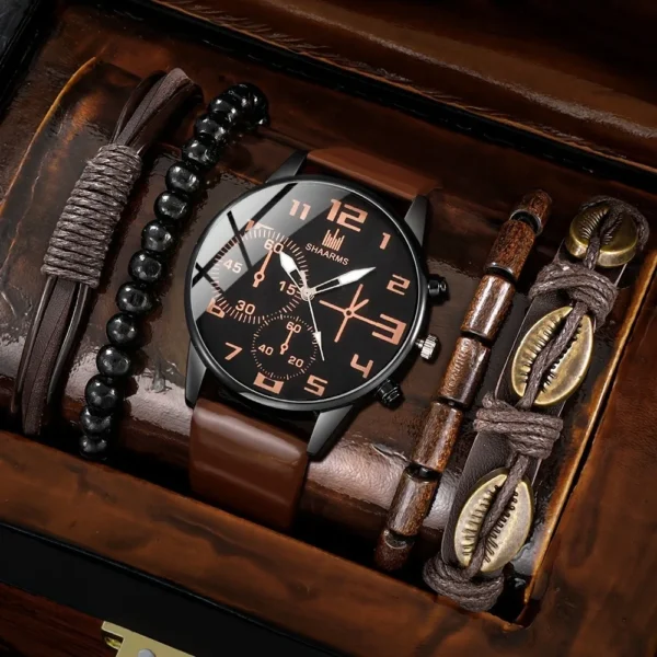 Kegllect 5PCS Men Quartz Watch Round Dial Leather Strap Bracelet Set Ideal Choice for Gifts(Without Box)