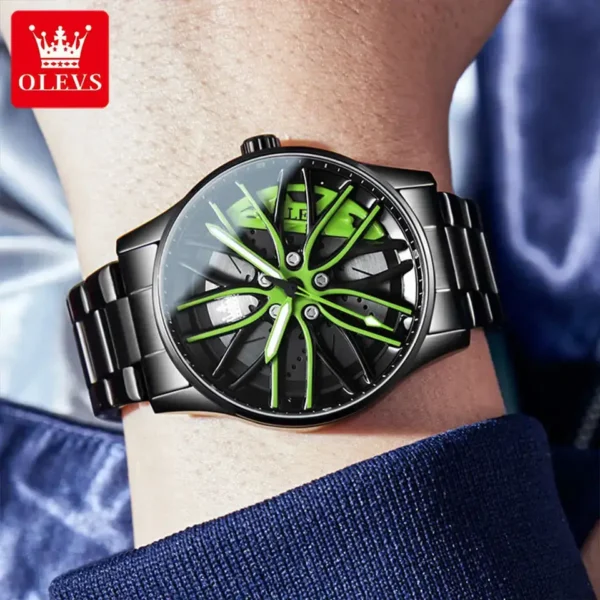 OLEVS Watch for Men 360° Rotary Dial Sport Car Rim Wheel Hub Waterproof Luminous Fashion Stainless Steel Men's Quartz Wristwatch - Image 4