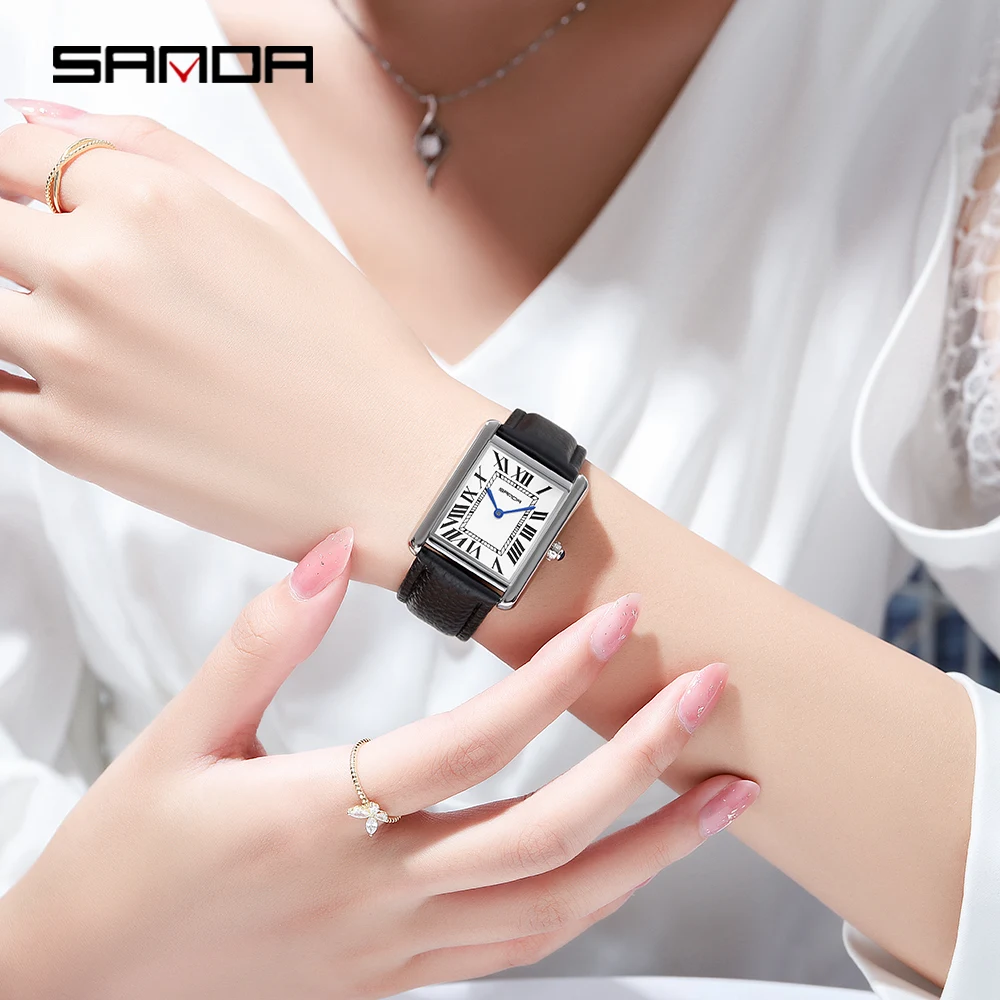 SANDA Men Women Rectangular Quartz Wrist Watches for Casual Ladies Stainless Watches Luxury Leather Lovers Gift Box Clock - Image 3