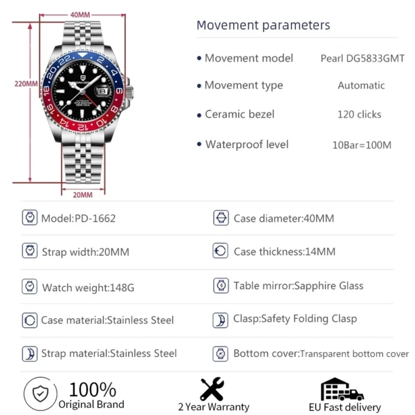 PAGANI DESIGN V3 Version GMT Watches Men's Luxury Sapphire Automatic Mechanical Watch 40MM Stainless Steel Waterproof Watch - Image 6