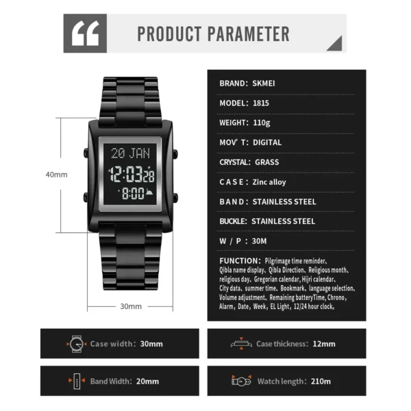 SKMEi Men Women Prayer Multifunctional Worship Watches Luxury Male Original Wristwatch Muslim Qibla Direction Instruct Watch - Image 6