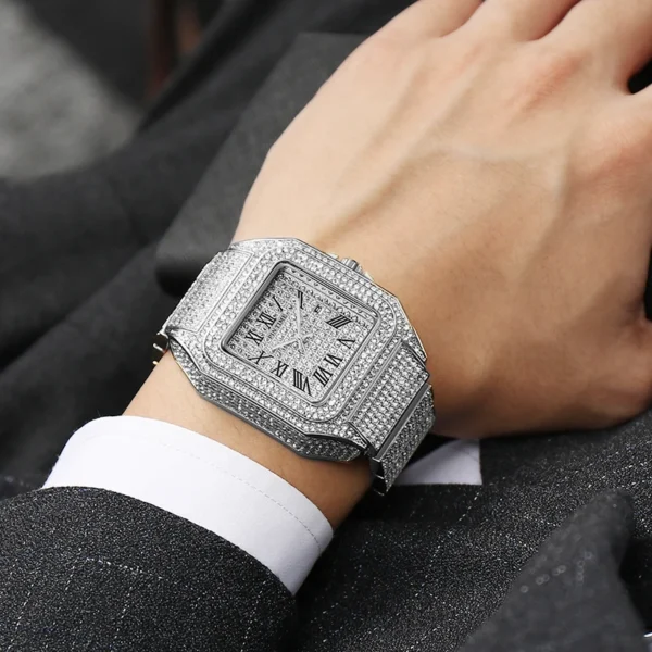 PINTIME Brand Square Men Quartz Watch Ice Out Luxury Full Diamond Ultra Thin Waterproof Hip Hop Wristwatch Popular Item