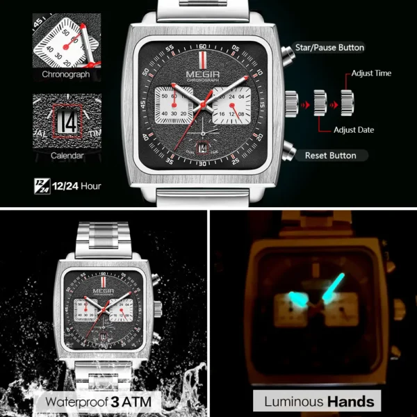 MEGIR Square Dial Quartz Watch Men Stainless Steel Strap Chronograph Sport Wristwatch with Date Luminous Hands 24-hour Indicator - Image 6