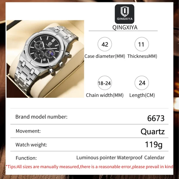 QINGXIYA 2024 New Fashion Chronograph Quartz Watch Men Stainless Steel Waterproof Luminous Date Luxury Moon Phase Watches Mens - Image 3