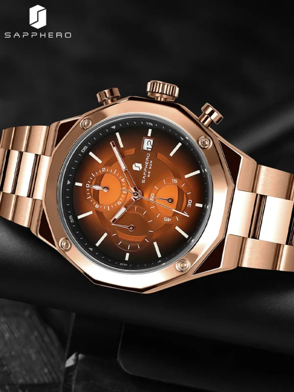 SAPPHERO Rose gold Watch Mens Watch Luxury Stainless Steel Quartz Watch Business Waterproof Luminous Calendar Wristwatch - Image 3
