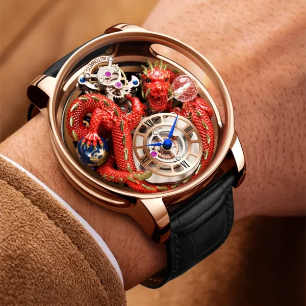 PINDU Design New 3D Dragon Earth Theme Quartz Watches Men Celestial Series Curved Mirror Transparent Design Watch Wristwatches - Image 3